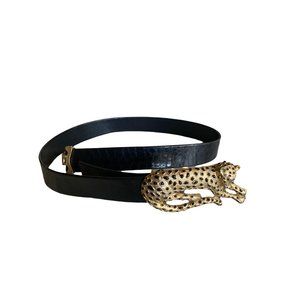 Black Belt Large Gold Tone Faux Leather Leopard Buckle Clasp